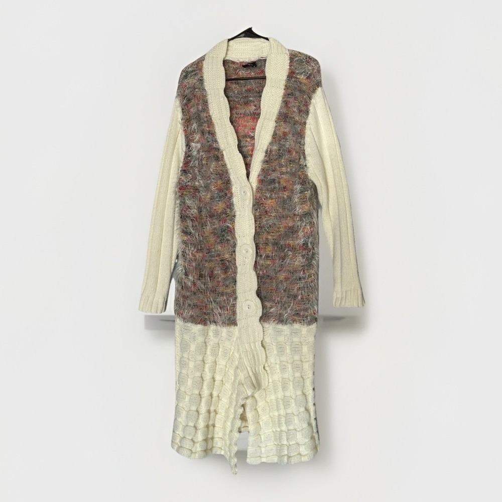 Vintage Boho Long Knit Cardigan Sweater Cream Multicolor Textured Artsy Cottage